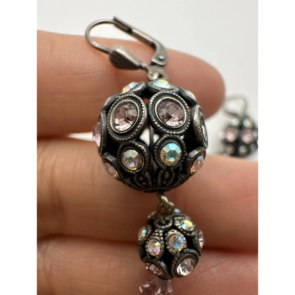 Vintage AB Rhinestone Disco Ball Dangle Earrings Lever Back READ